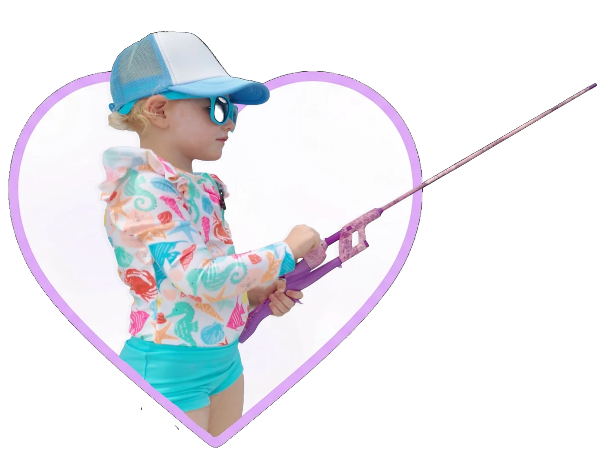 Aspen the Angler holding her fishing pole