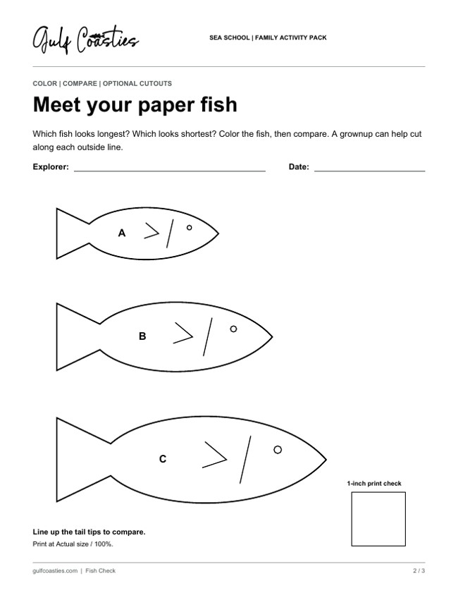 Fish Check worksheet with three different-sized paper fish to color, cut, and compare.