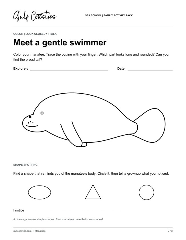 Manatee coloring worksheet with a rounded paddle tail and three shapes to compare.