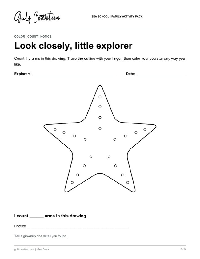 Sea Stars coloring worksheet with a large outlined sea star and observation prompts.